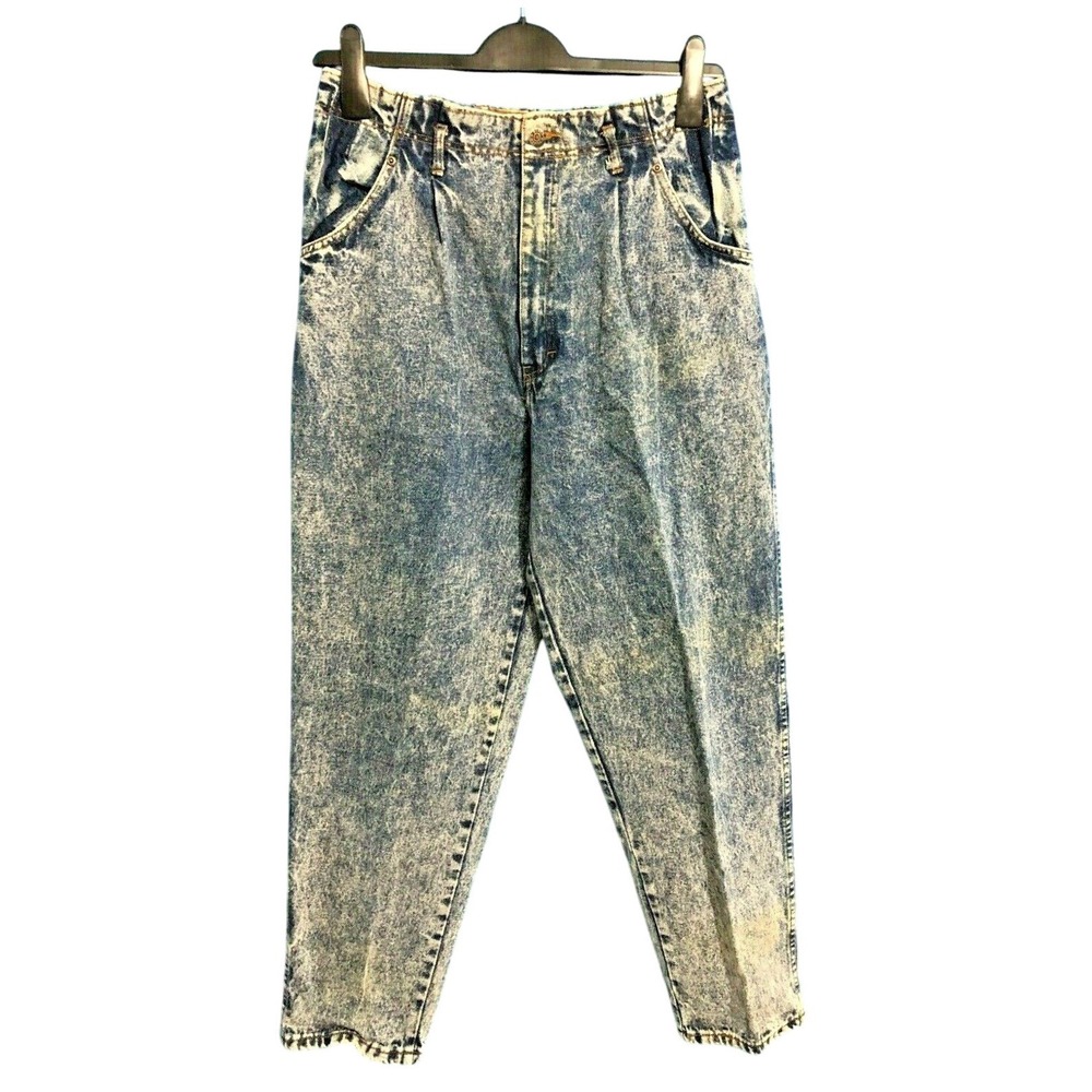VTG MIXED BLUES Pleated High-Waist TAPERED Acid Washed Jeans BARE BACK (13) 28"